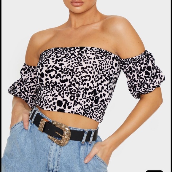 PrettyLittleThing Tops - Dusty Pink Leopard Bardot Top